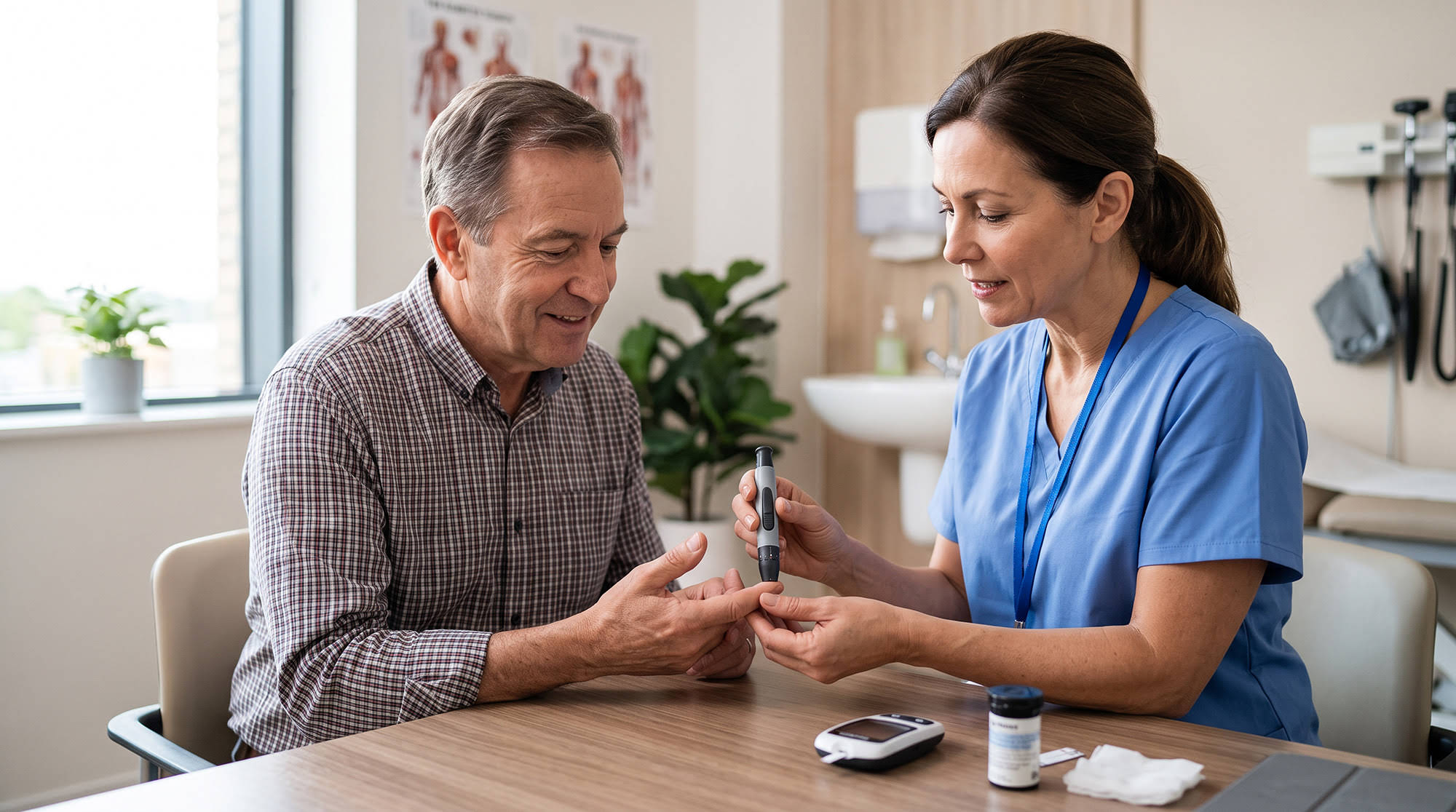 Diabetes educator teaches adult patient blood glucose monitoring